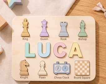 Rompecabezas de madera personalizado con nombre, juguete con temática de ajedrez, aprendizaje Montessori, decoración para guardería