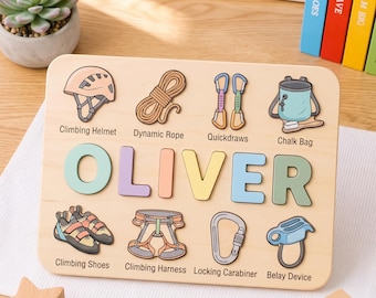 Rompecabezas de madera personalizado con nombre para niños pequeños, juguete personalizado con temática de escalada, regalo de aprendizaje y aventura, decoración para guardería, regalo de primer cumpleaños