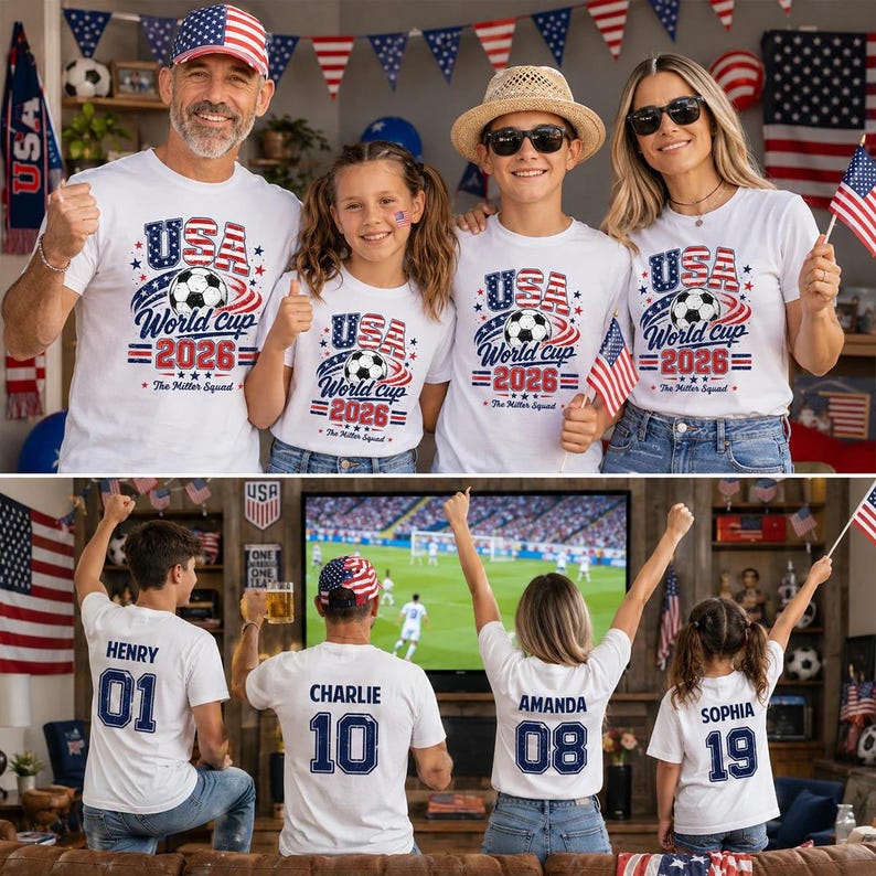 Op de afbeelding: Een groep mensen in witte t-shirts met USA World Cup 2026 graphics, inclusief voetbalillustraties en tekst. Sommige shirts tonen namen zoals Henry, Charlie, Amanda en Sophia met rugnummers, terwijl andere de tekst Miller Squad bevatten.