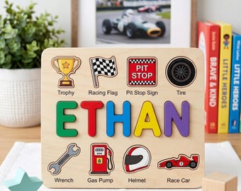 Rompecabezas de madera personalizado con el nombre de ETHAN, rompecabezas infantil con temática de coches de carreras, juguete personalizado para niños pequeños, regalo de cumpleaños único, decoración para guardería, material educativo.