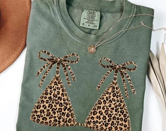 Comfort Colors Leopard Patchwork Bikini Shirt, Preppy Lake Girl Tee, Retro Beach Vacation Swimsuit Graphic Summer T-Shirt