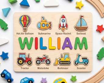 Rompecabezas de madera personalizado con nombre, temática de transporte, rompecabezas de vehículos, regalo personalizado para niño, juguete para niños pequeños, regalo de primer cumpleaños