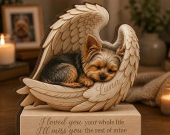 Personalized Yorkie Memorial Wooden Block, Custom Angel Wing Dog Portrait Stand, Pet Sympathy Gift For Dog Lovers