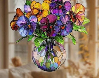 Pansy Flower Bouquet in Vase Hanging Suncatcher Stained Glass Effect Gift