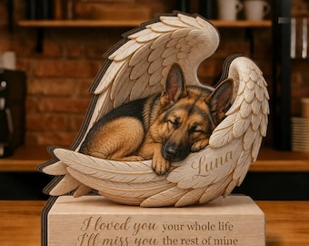 Personalized German Shepherd Memorial Wooden Block, Custom Angel Wing Dog Portrait Stand, Pet Sympathy Gift