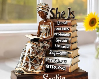 Placa de afirmación "Ella es", decoración personalizada para niña negra leyendo libros, placa acrílica inspiradora, regalo para niñas.