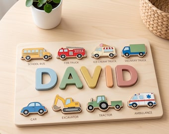 Vehicle Name Puzzle, Personalized Wooden Toy, Custom Car Truck Jigsaw, Toddler Boy Gift, Transportation Puzzle, 1st Birthday Gift