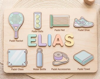 Rompecabezas de madera personalizado con nombre para niños pequeños, juguete personalizado con temática de pádel, regalo educativo deportivo, decoración para guardería, regalo de primer cumpleaños para niño.