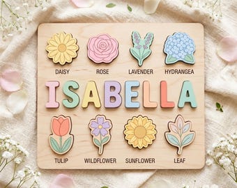 Rompecabezas personalizado con nombre, juguete de madera floral, regalo para niña, decoración de guardería en tonos pastel, tablero floral personalizado