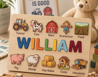 Personalized Wooden Name Puzzle, Farm Animal Montessori Toy, Toddler Learning Gift