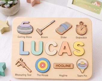 Rompecabezas de madera personalizado con nombre para niños pequeños, juguete personalizado con temática de curling, regalo educativo deportivo, decoración para guardería, regalo de primer cumpleaños.