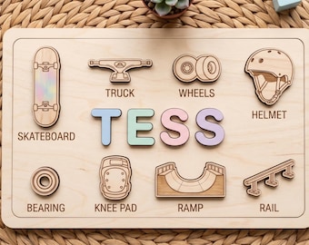 Custom Wooden Name Puzzle for Toddlers, Personalized Skateboarding Theme Toy, Skater Kid Gift, Nursery Decor, 1st Birthday Gift