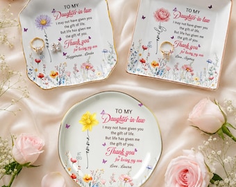 Personalized Daughter In Law Jewelry Dish, Thank You For Loving My Son Custom Ring Tray, Wedding Gift From Mother In Law, Bridal Shower Gift