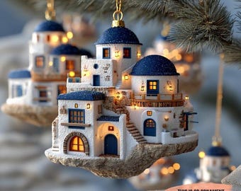 Adorno navideño plano 2D de pueblo de Santorini, decoración de casa de isla griega, decoración única para árbol viajero