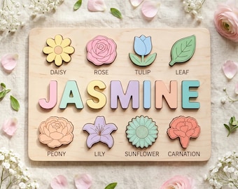 Personalized Wooden Baby Name Puzzle with 3D Pastel Letters, Custom Flower Name Puzzle for Toddlers, Nursery Decor, First Birthday Gift Girl