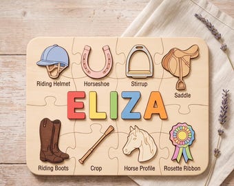 Rompecabezas de madera personalizado con nombre, temática ecuestre, juguete Montessori, regalo para niños pequeños