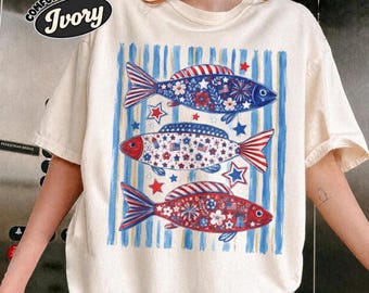 Retro Patriotic Fishing Shirt, American Flag Fish Tee, 4th of July Independence Day Apparel, USA Red White Blue Comfort Colors Gift