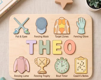 Custom Wooden Name Puzzle for Toddlers, Personalized Fencing Theme Toy, Montessori Learning Gift, Nursery Decor, 1st Birthday Gift