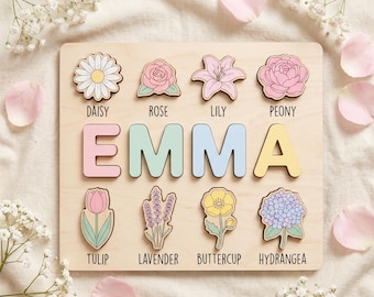Rompecabezas de madera personalizado con nombre, juguete infantil floral en tonos pastel personalizado, decoración de guardería con temática de pradera floral, regalo para baby shower de niña, regalo para el primer cumpleaños.