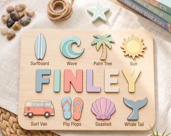 Rompecabezas de madera personalizado con nombre para niños pequeños, juguete personalizado con temática de surf, regalo para amantes de la playa, decoración para la habitación infantil, regalo para el primer cumpleaños.