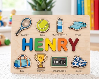 Rompecabezas de madera personalizado con nombre, juguete infantil personalizado con temática de tenis, regalo deportivo para niño, decoración de guardería, rompecabezas educativo, hecho a mano.
