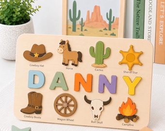 Personalized Wooden Name Puzzle, Wild West Cowboy Theme, Custom Child's Name Sign, Nursery Decor, Educational Toy, Cactus Horse Sheriff Star