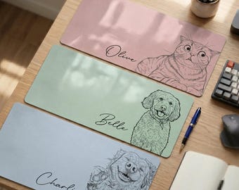Personalized Pet Portrait Sketch Desk Mat | Custom Line Art Dog Cat Mouse Pad | Minimalist Office Decor Pet Lover | Dog Mom Dad Gift