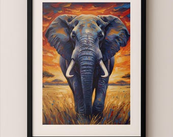 May include: A framed art print of an elephant in a field. The elephant is painted in shades of blue and gray, with long white tusks. The background features a vibrant sunset with orange, red, and blue hues. The artwork is framed in a black frame.