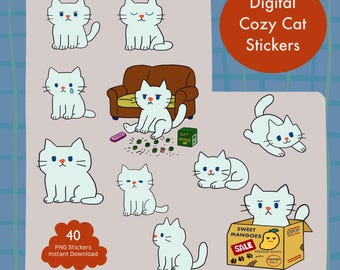 40 Cozy Cat Stickers PNG | Printable Sticker Sheet