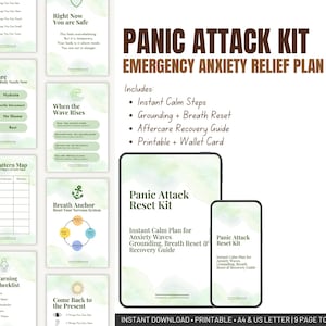 May include: A digital Panic Attack Kit with an emergency anxiety relief plan. The kit includes instant calm steps, grounding and breath reset, and an aftercare recovery guide. The kit is available as a printable and wallet card.