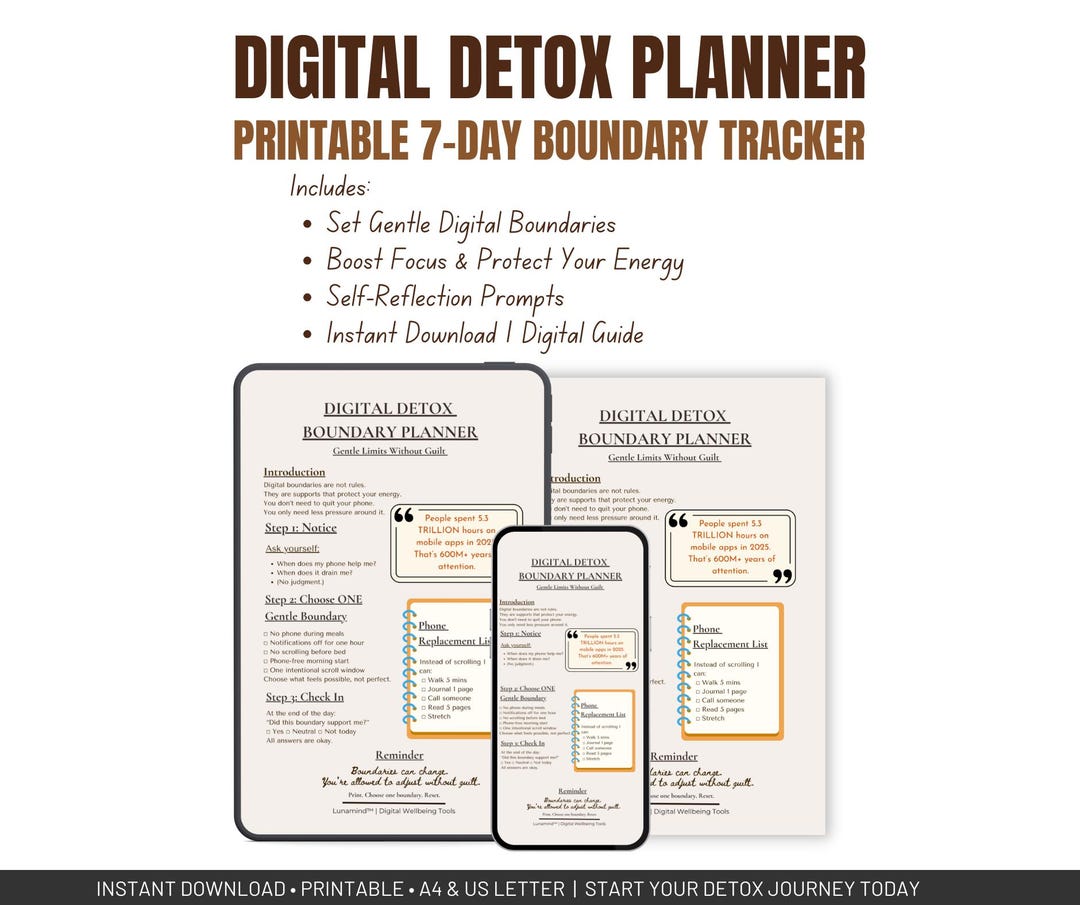 Digital Detox Planner Kit Printable 7 day Tracker Self reflection 
