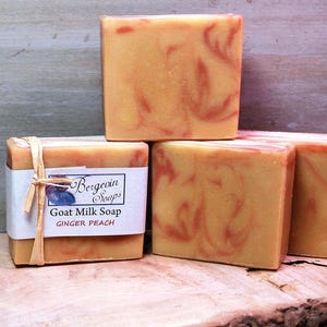 May include: Four bars of Goat Milk Soap with a ginger peach scent. The soap is a light orange color with red swirls. One bar is wrapped with a white label and tied with raffia. The label reads "Bergevin Soaps Goat Milk Soap Ginger Peach."