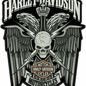 Puede incluir: Parche bordado de Harley-Davidson, 37 cm de alto por 27 cm de ancho. El diseño presenta una calavera, alas, rayos y el logotipo de Harley-Davidson. El parche es negro, blanco y gris.