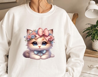 Cute Kitten Hoodie or Sweatshirt, Kawaii Cat Print, Floral Pastel Kitty Design, Cozy Unisex Cat Lover Gift Top