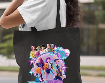 Custom Huntrix Birthday Tote Bag, Personalized Name Tote, Kpop Girl Bag, Demon Style Tote, Birthday Party Bag, Cute Cartoon Tote