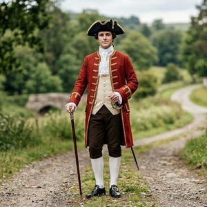 May include: A person in period costume stands on a gravel path. They wear a red coat, cream vest, and dark brown breeches. A tricorn hat, white ruffled shirt, and black shoes complete the outfit. A walking stick and sword are also visible.