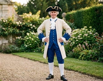 Men’s 18th Century Colonial Tailcoat Suit – Vintage Aristocrat Cream & Blue Outfit, Historical Costume, Georgian Nobleman Cosplay Set