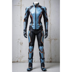 Puede incluir: Un atuendo de estilo futurista en un maniquí. El conjunto incluye una chaqueta, pantalones, guantes y botas. El atuendo es principalmente negro y azul claro, con detalles en naranja. La chaqueta tiene un cuello alto y una cremallera. Los pantalones tienen rodilleras y las botas son altas.