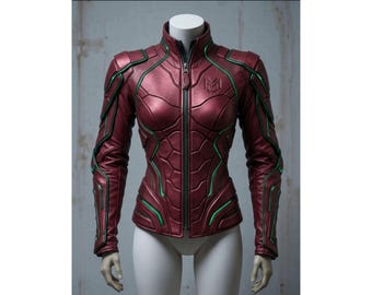 Chaqueta futurista de cuero rojo para mujer / Chaqueta estilo armadura cyberpunk / Abrigo técnico ajustado / Traje de cosplay de ciencia ficción / Chaqueta elegante hecha a medida