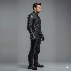 May include: Black leather motorcycle suit, including a jacket with padded shoulders and a stand-up collar, gloves, and pants with knee protection. The suit is worn with black boots. The outfit is designed for protection and style.