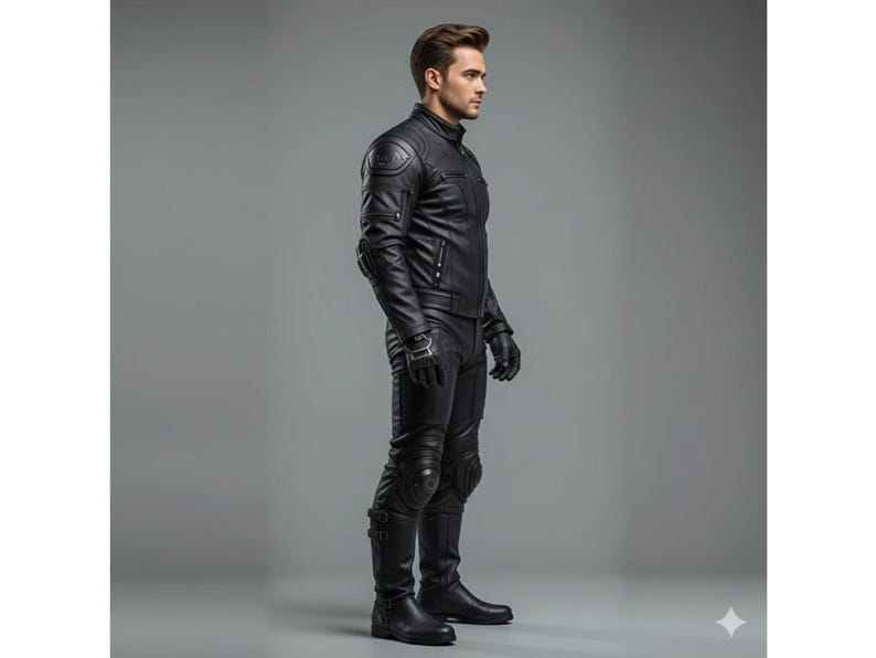 May include: Black leather motorcycle suit, including a jacket with padded shoulders and a stand-up collar, gloves, and pants with knee protection. The suit is worn with black boots. The outfit is designed for protection and style.
