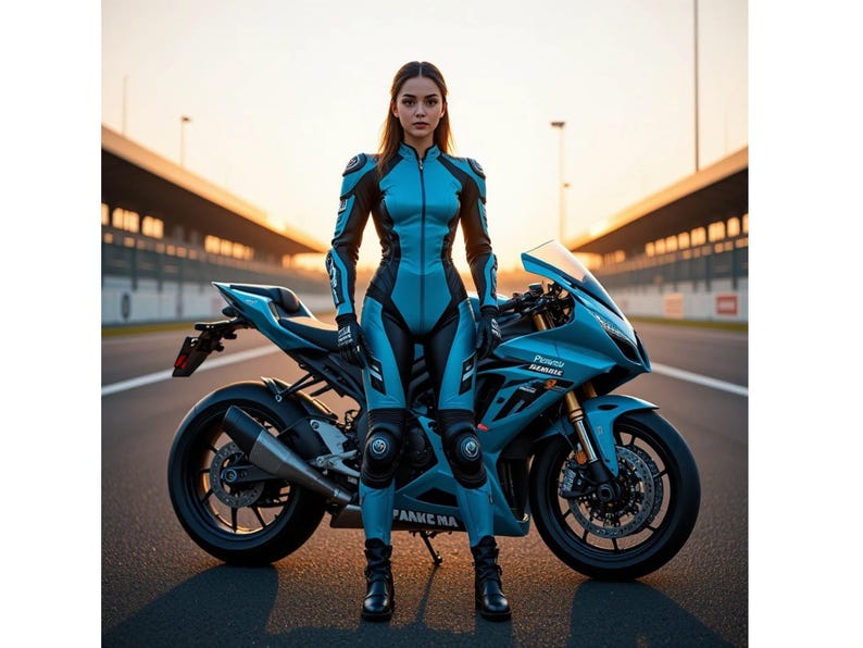 May include: A person in a teal and black racing suit stands before a teal sports motorcycle. The suit features black accents and knee pads. The motorcycle has black wheels and a silver exhaust. The background is a racetrack.