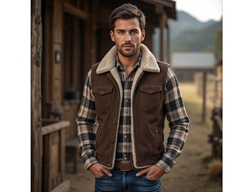 Suède westernvest heren | Met sherpa gevoerd cowboyvest