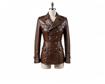 Brown Leather Trench Coat | Vintage Military Style, Double-Breasted