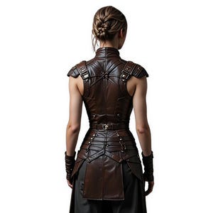 May include: A brown leather vest with shoulder armor, buckles, and a belt. The vest has a high collar and is paired with matching wrist cuffs. The garment is designed with a steampunk or fantasy aesthetic.