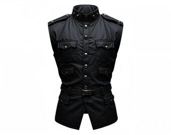 Gewatteerd zwart leren vest – tactische militaire stijl, met ceintuur