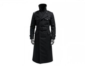 Gabardina militar negra con cinturón para hombre / Abrigo largo gótico / Abrigo de invierno vintage de cuello alto / Ropa oscura steampunk