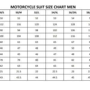 May include: A motorcycle suit size chart for men, with measurements in inches. The chart includes sizes from 48/S to 60/4XL, detailing shoulder, chest, waist, hip, thigh, knee, calf, inseam, sleeve length, wrist, and knee to ankle measurements.