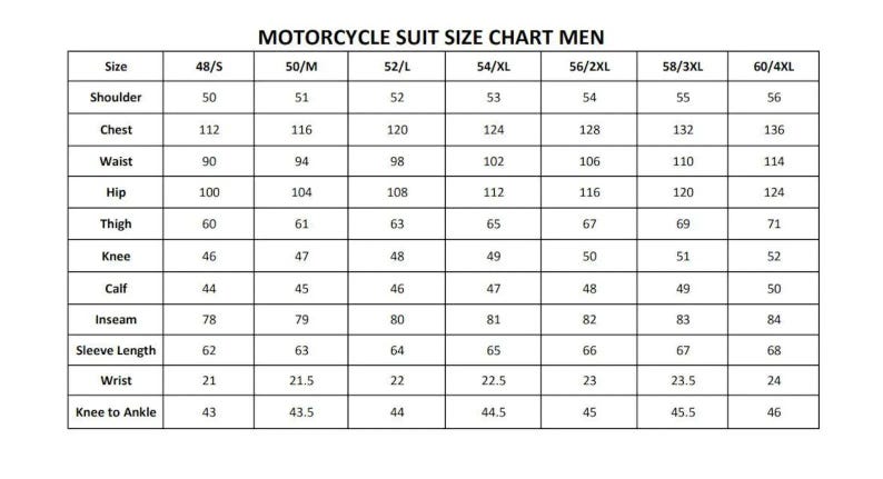 May include: A motorcycle suit size chart for men, with measurements in inches. The chart includes sizes from 48/S to 60/4XL, detailing shoulder, chest, waist, hip, thigh, knee, calf, inseam, sleeve length, wrist, and knee to ankle measurements.