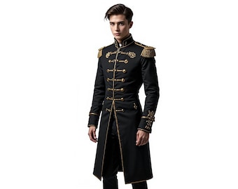 Luxury Military Officer Coat | Royal Parade Tailcoat with Gold Embroidery | Men’s Steampunk Uniform Jacket